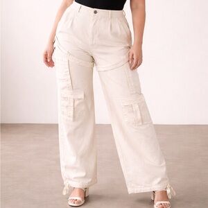 Maniere De Voir Cream Utility Cargo Pants Wrap Strap Detail Wide Leg